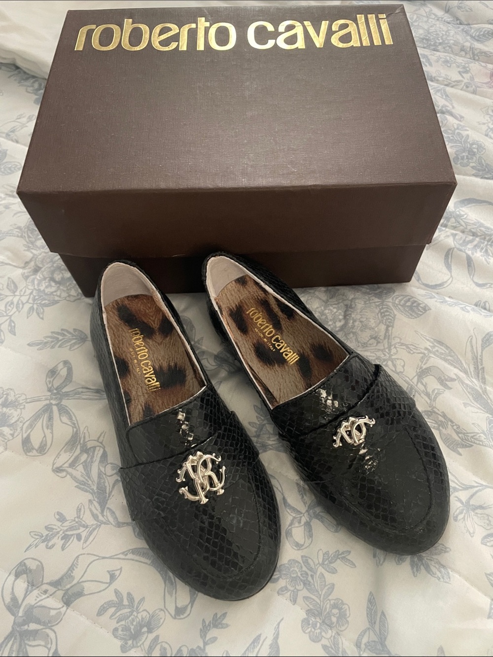 Roberto Cavalli Black Snake Pc Nero Loafers with Silver Logo Hardware